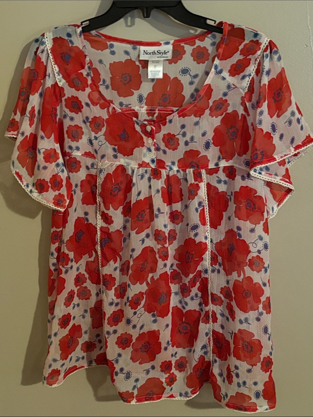 NorthStyle Red and Blue Floral Short-Sleeve Peasant Blouse